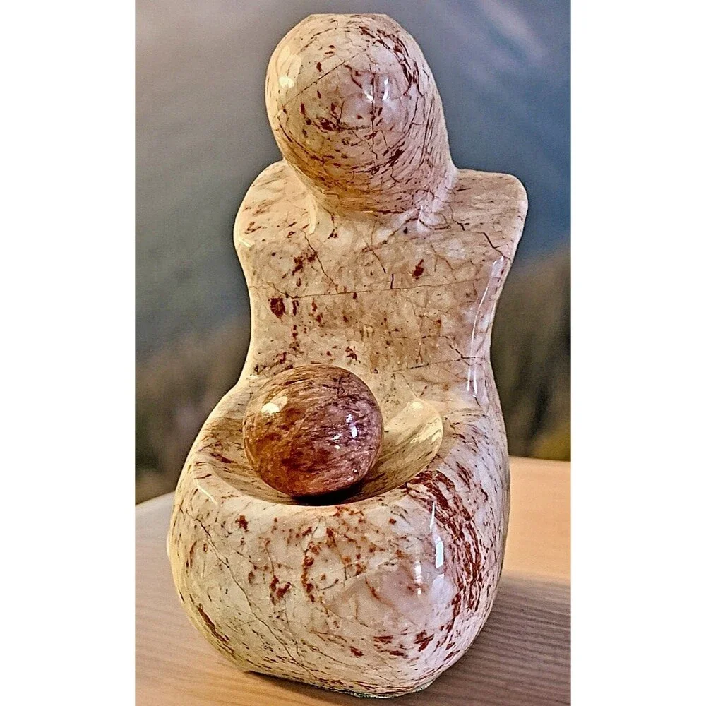 VINTAGE PINK MARBLE SCULPTURE- Abstract Mother & Child, Mid Century Modern 7